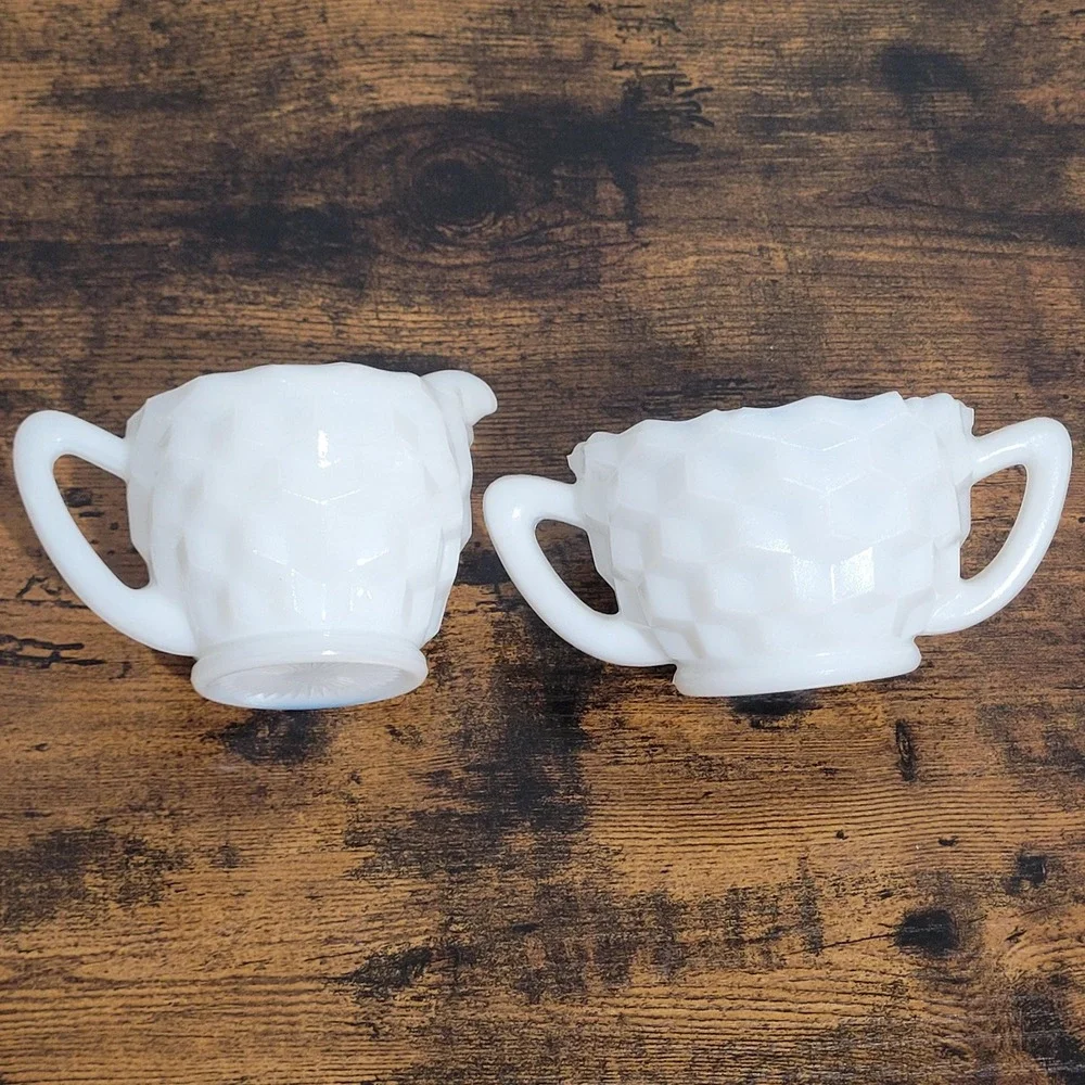 Anchor Hocking Milk Glass Sugar Creamer White Cube Diamond Pattern